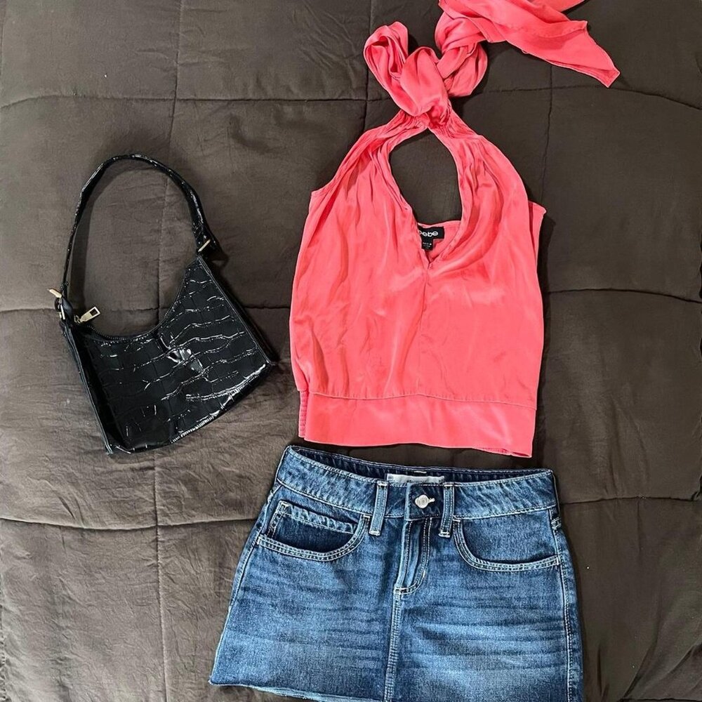 Bebe y2k Pink halter top with tie back and cut out detail